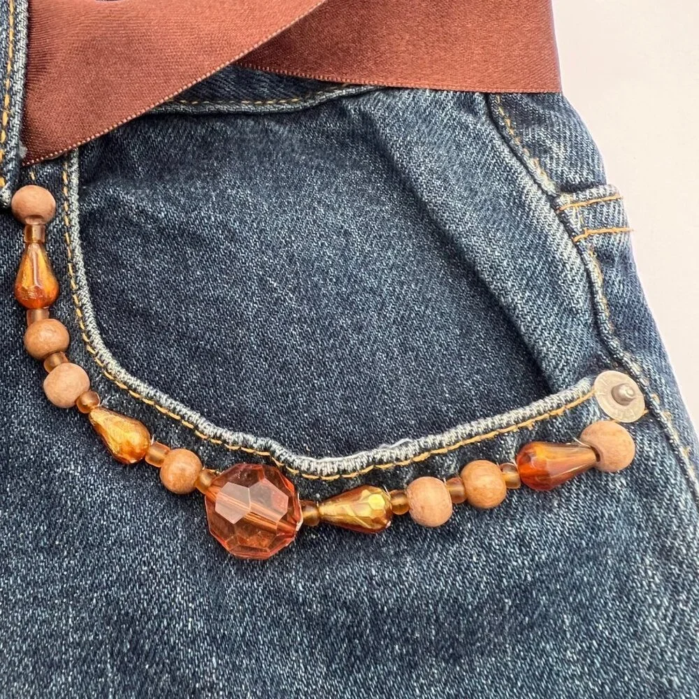 Upcycled Denim Handbag Purse Chic Beaded Pockets & Brown Ribbon FM Jeans Button - Picture 4 of 14